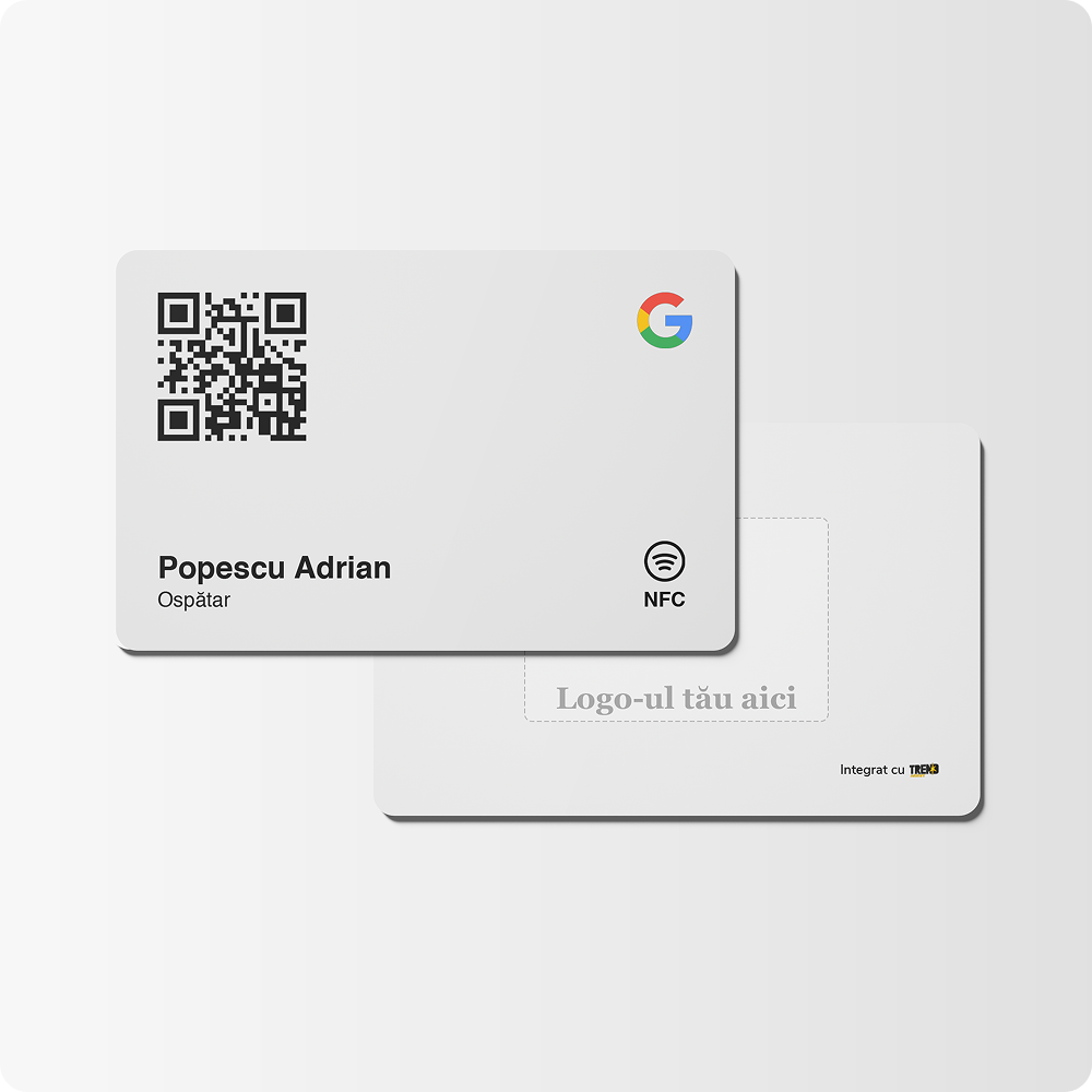 Card Alb Personalizat Google Review cu NFC și cod QR