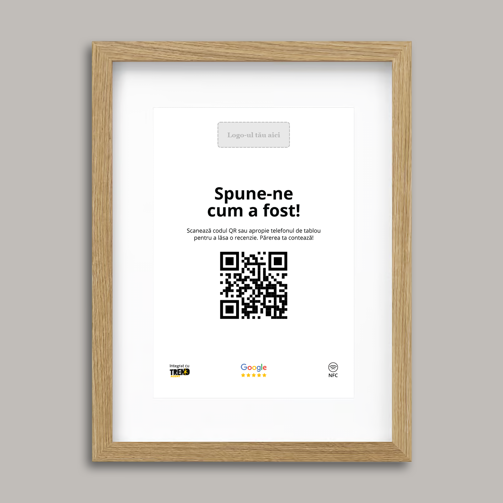 Ramă Aspect Stejar Personalizată cu NFC și cod QR pentru Google Reviews